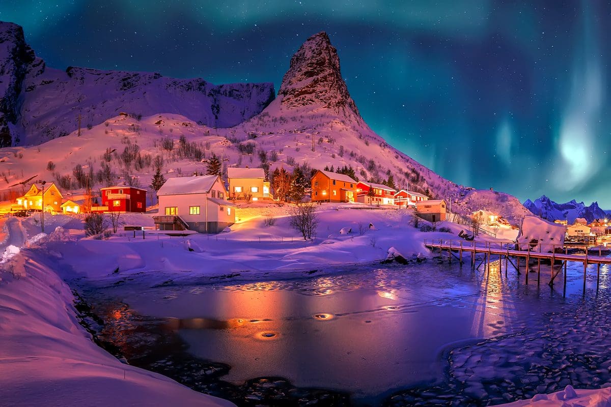 Winter borealis scene above the Lofoten Islands