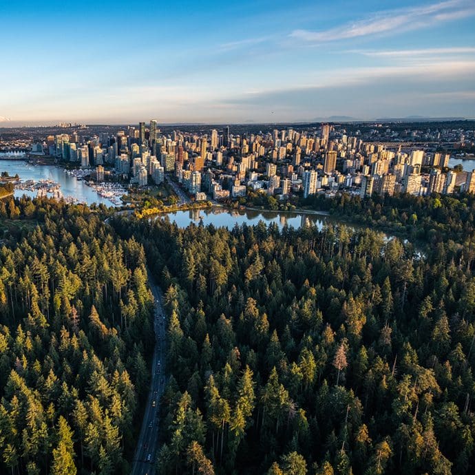 Aerial view of Vancouver above Stanley Park - Destination BC