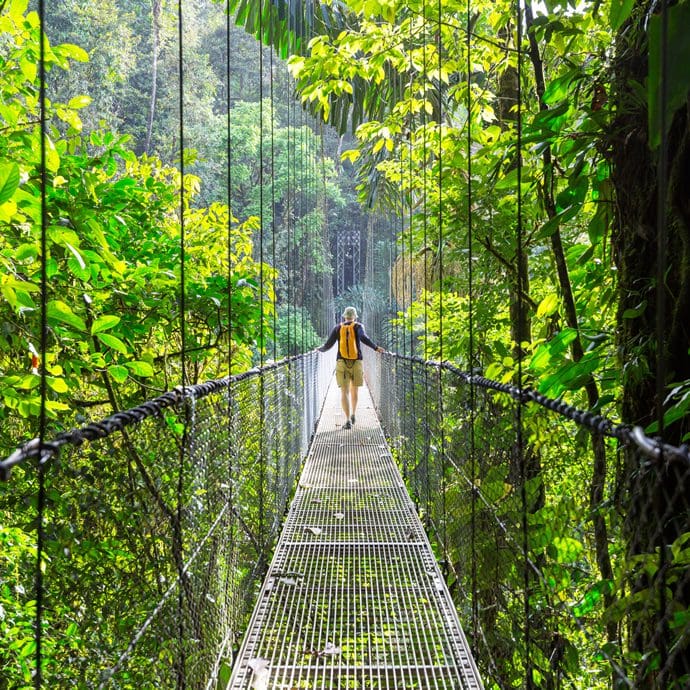 Crossing a bridge in a lush Costa Rican rainforest