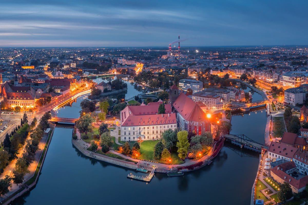 Aerial view of Wyspa Piasek on the Odra River in Wroclaw