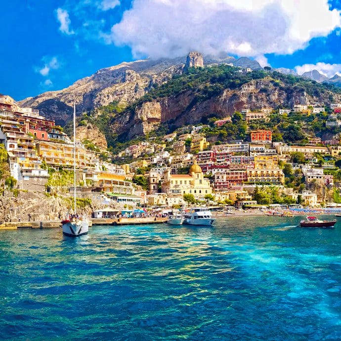 View of Positano village along Amalfi Coast