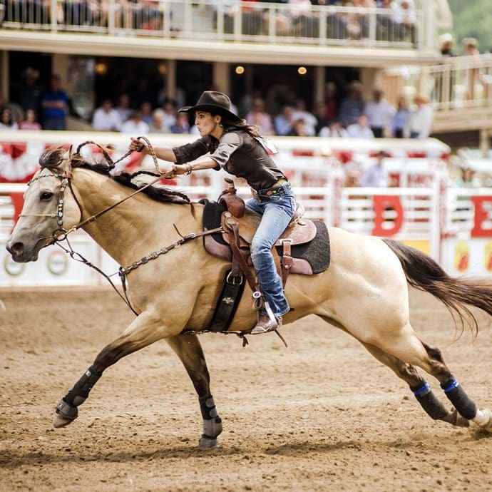 Cowgirl barrel racing at the Calgary Stampede - Travel Alberta