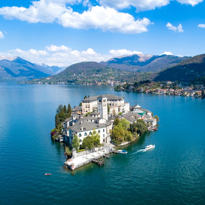 Aerial view of San Giulio, Lake Orta, Northern Italy
