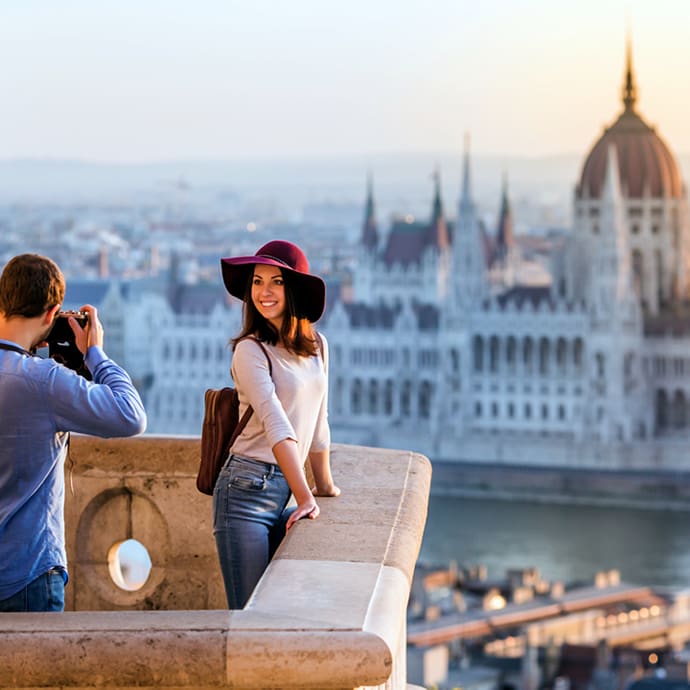 Couple at Fisherman Bastion viewpoint, Budapest